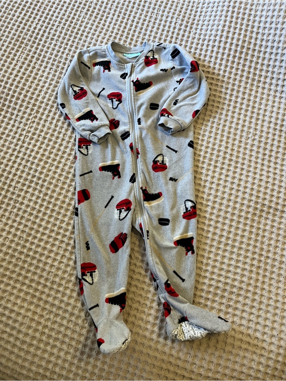5 for $10 Gray Hockey-Print Footed Pajamas with Red Accents